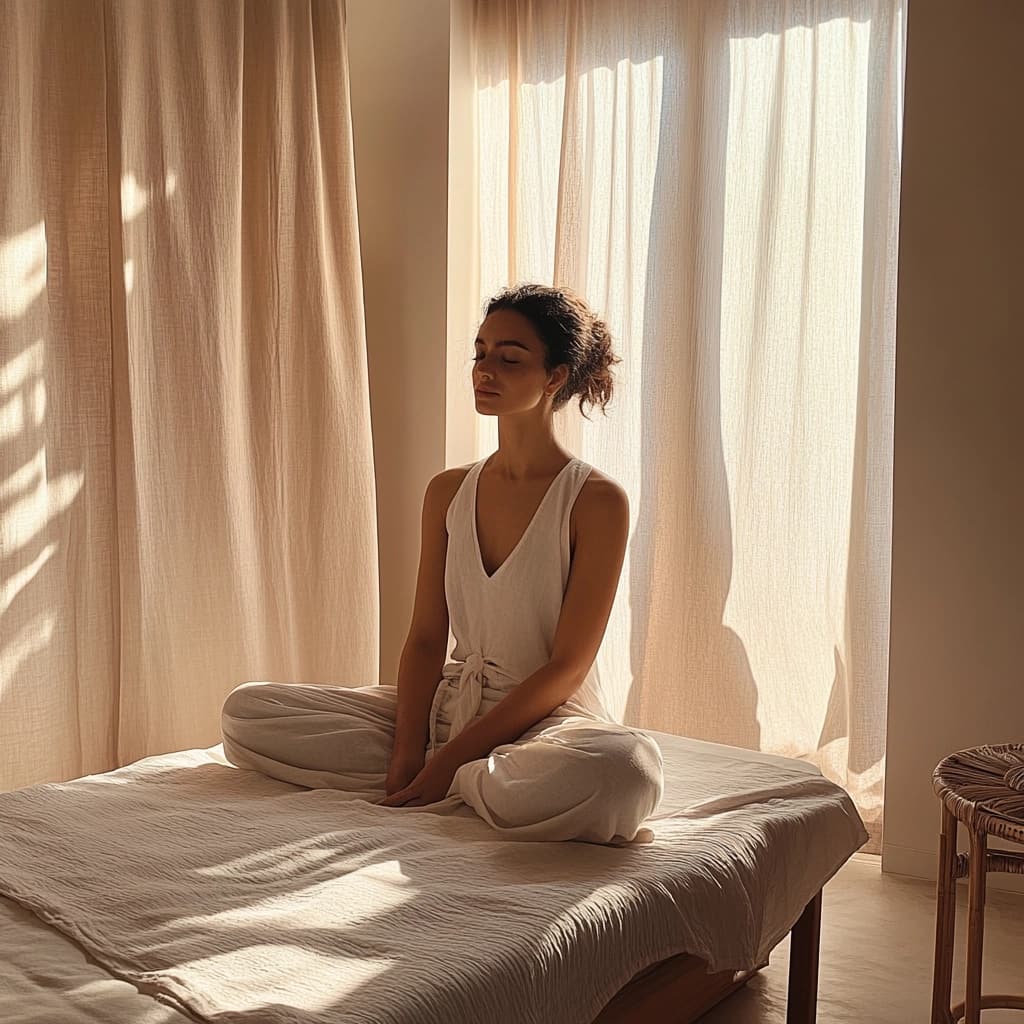 Terapia Consciente 1 Mujer real en sesión de Terapia Consciente, reflexionando en un espacio de sanación y claridad interior en Evoluziona Terapias