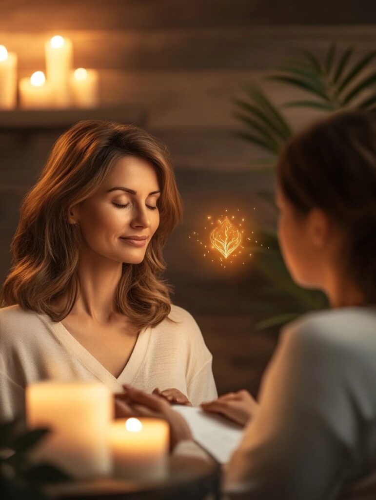 Terapeuta canalizando mensajes espirituales y energéticos desde los Registros Akáshicos evolutivos