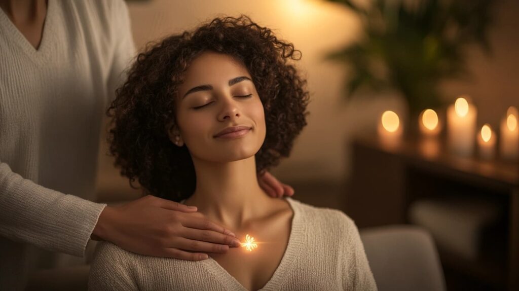 Energía 3 Mujer en calma realizando una conexión interior en la naturaleza, representando una limpieza energética profunda